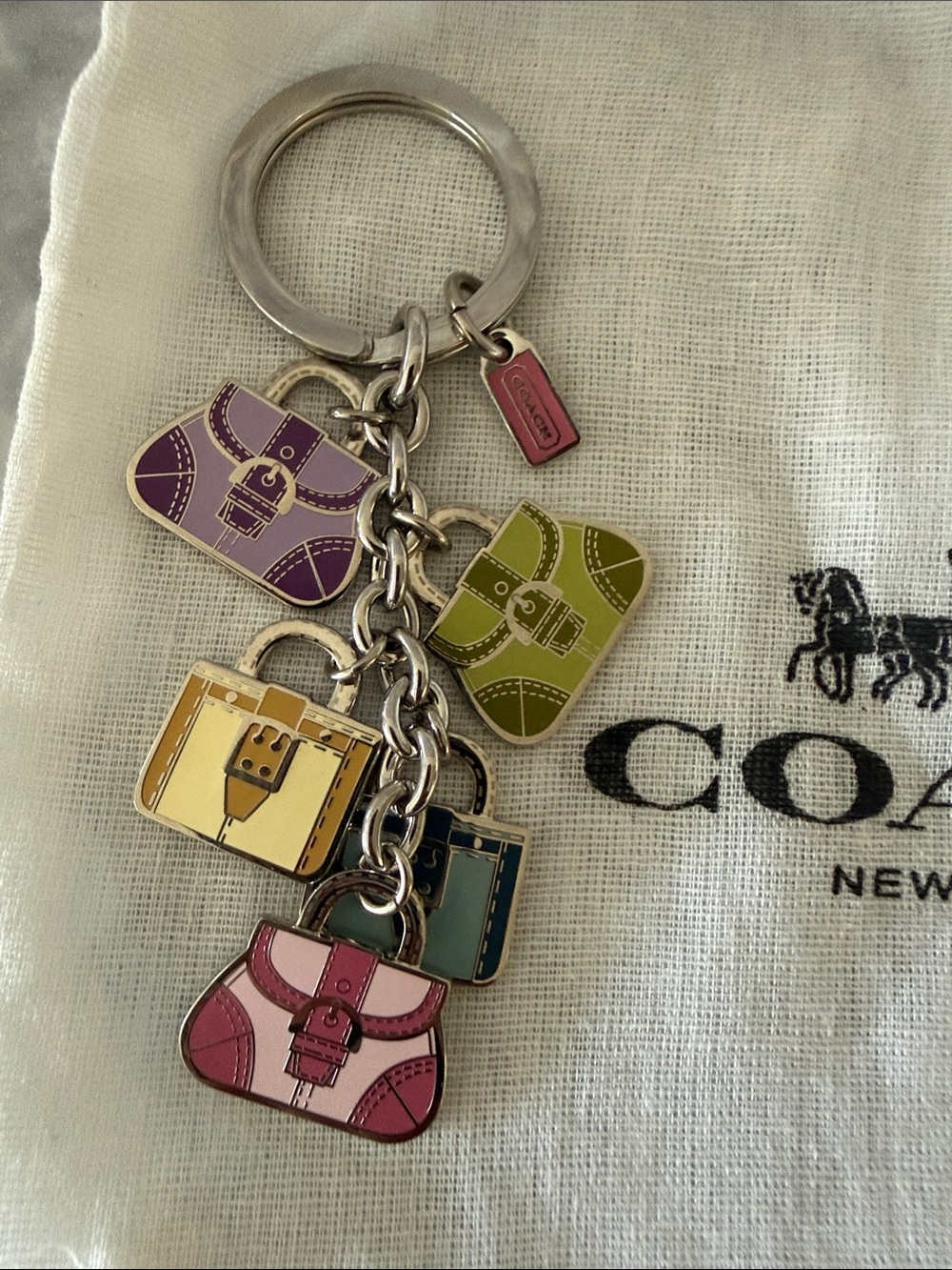 Coach Enamel Mini Purse Charm Keyring in Pink, Purple, Yellow, Green, Teal - Picture 2 of 4